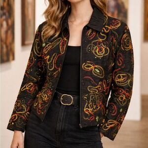 Vintage Anage Silk Jacket Abstract Embroidered Zip Front 90s Artwear Indie SMALL